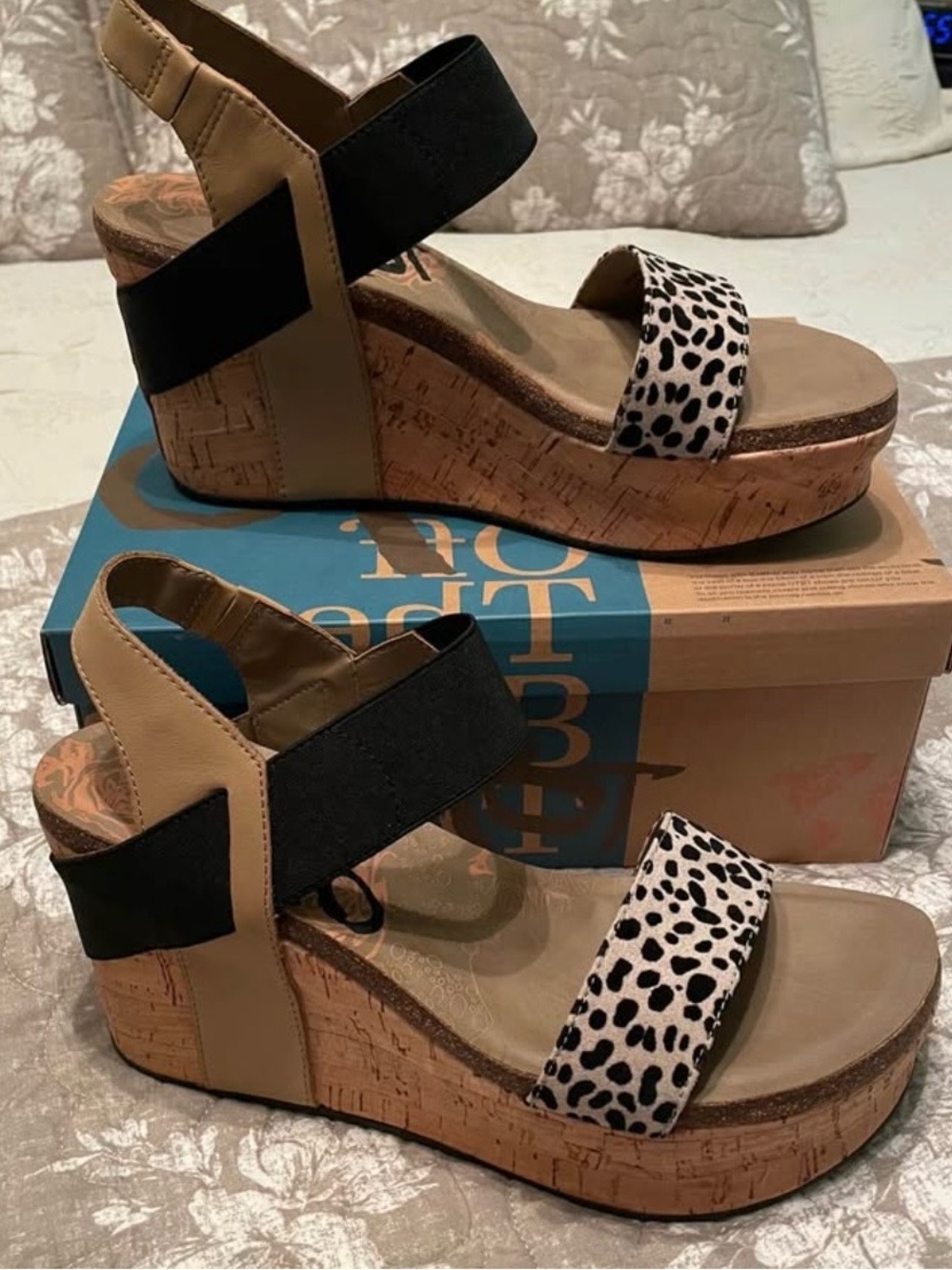 OTBT Tan Wedges with Black Elastic and Leopard-Print Strap